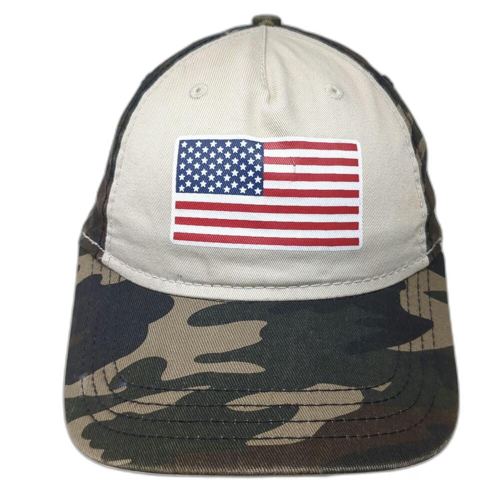 H3 Headwear 5 Panel Beige Camo One Size American Flag Patch USA Strapback Hat